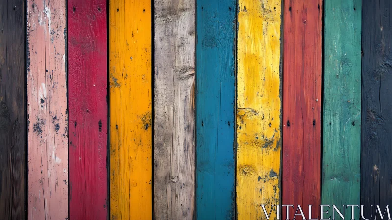 Vertical multicolored wooden planks with worn paint surface.