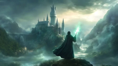 Epic fantasy citadel vista with cloaked sorcerer foreground.