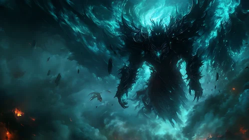 Winged shadow figure in teal storm cloud environment.