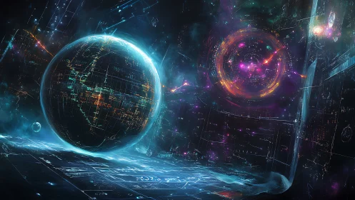 Galactic data sphere before luminous quantum wormhole gateway.