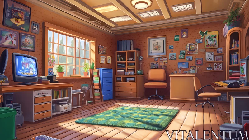 Sunny retro home office with gaming and art decor.