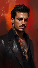 Brooding tattooed man in leather jacket on fiery backdrop.