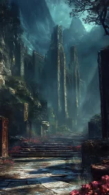 Ruined gothic mountain citadel with misted stair ascent