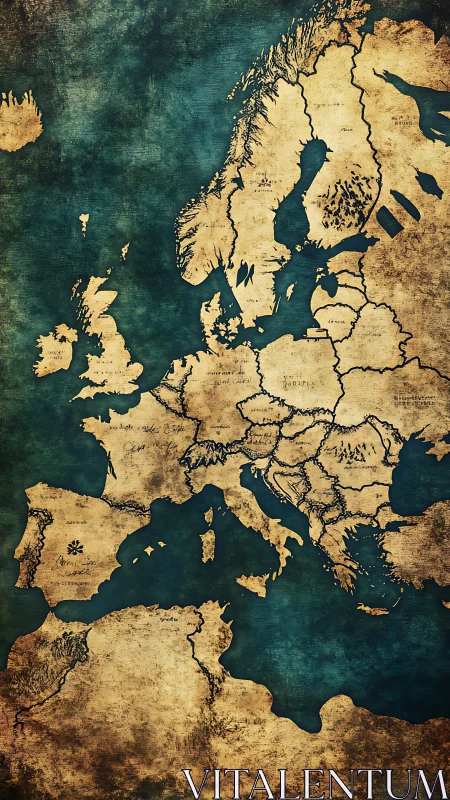 Aged cartographic rendering of Europe with textured coastlines.