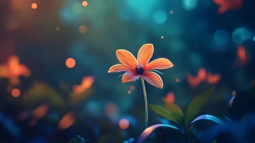 Orange Cosmos Flower with Teal Bokeh Depth of Field Effect