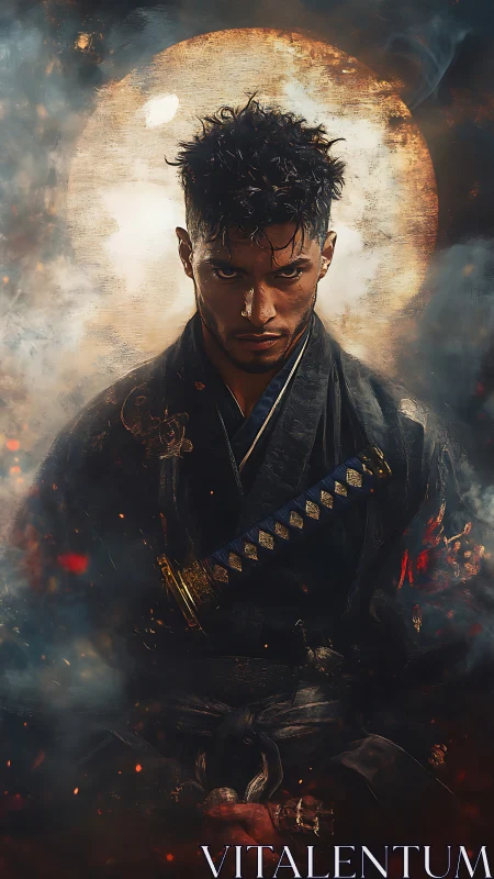 Samurai figure stands before circular backlight in smoke