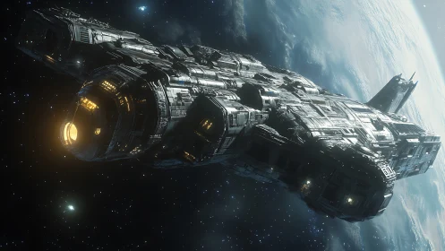 Massive carrier starship rendered in cinematic orbital perspective