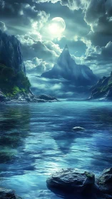 Moonlit mountain lake under dramatic glowing clouds.