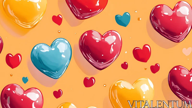 Glossy heart shapes rendered in red, orange, and blue tones against warm yellow background.