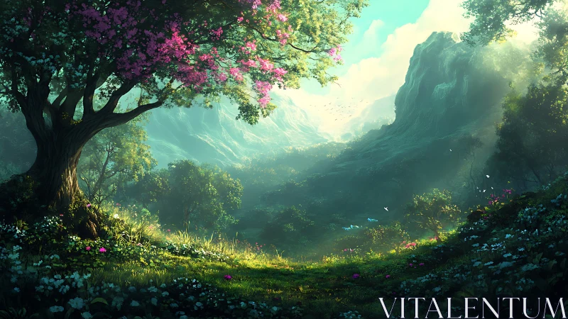 Whisperlit valley beneath a blossom-crowned guardian tree.