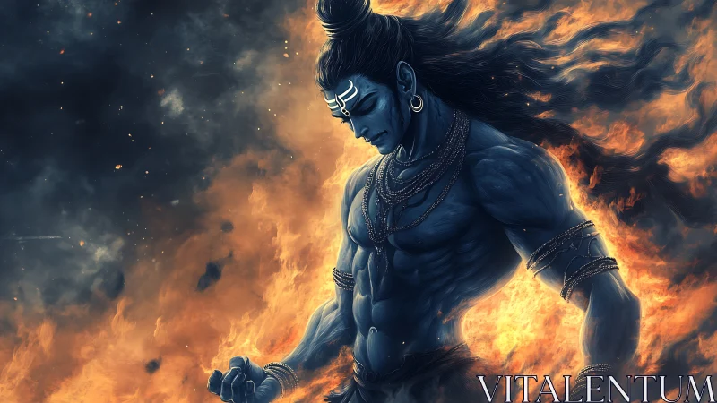 Fiery blue warrior stands calm amid swirling sacred flames