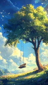 Lonely wooden swing hanging from large tree in field.