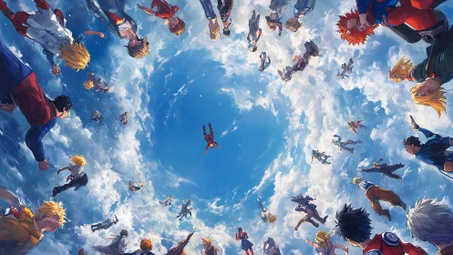 Heroes spiral through luminous sky vortex in unison