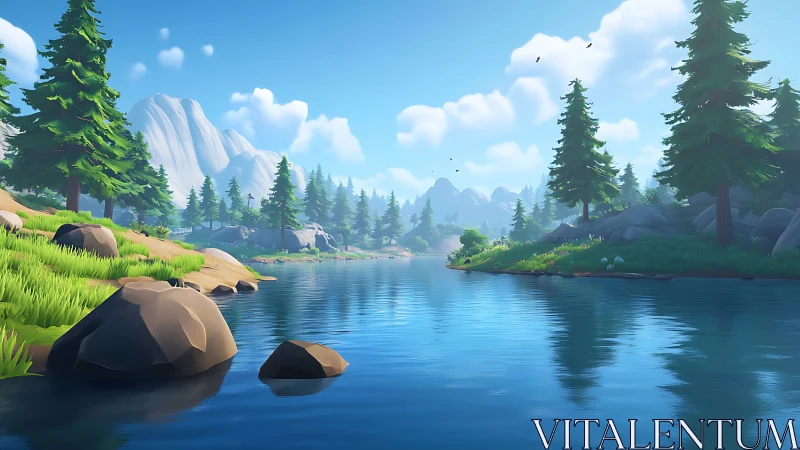 Serene stylized mountain lake reflects bright summer sky