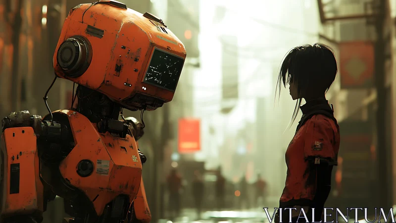 Robot and human stand facing each other in narrow urban alley