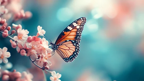 Gentle monarch butterfly pauses softly on pastel blossoms