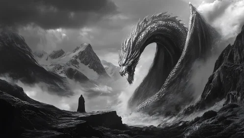 Lone wanderer meets a colossal dragon in misty mountains.