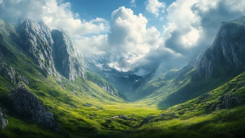 Sunlit mountain valley cradled by drifting summer clouds.