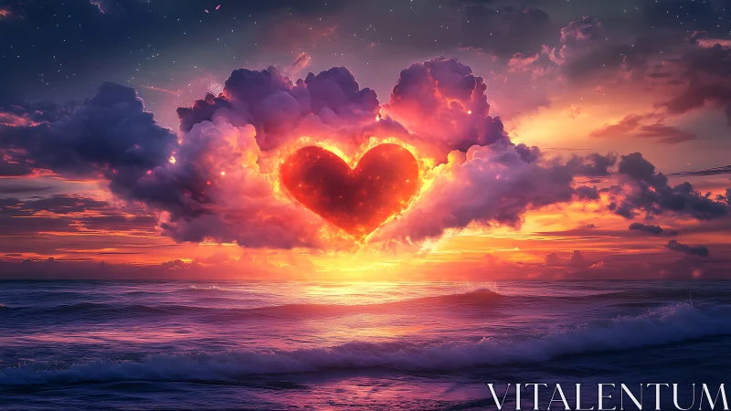 Glowing Heart Emerges from Ocean Sunset Clouds