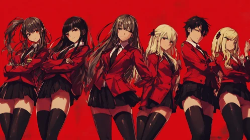 Elite anime students stand united in red school blazers.