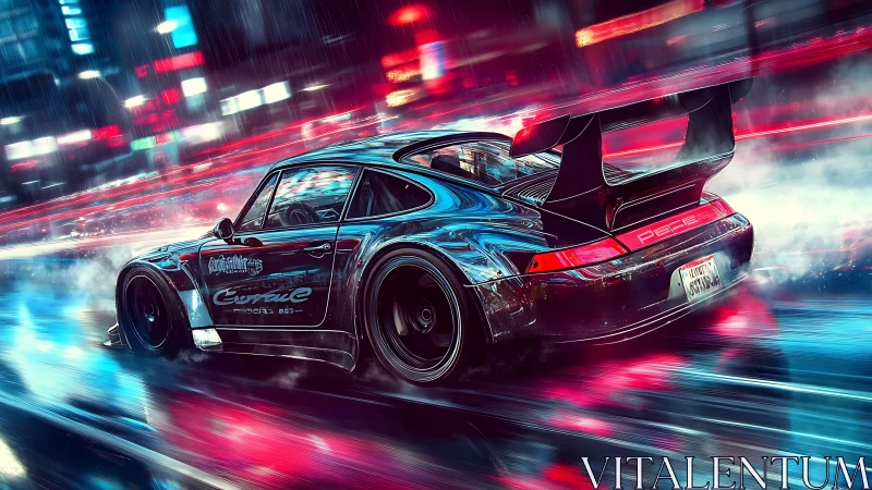 Neon-soaked sports car rockets through a rain-lit city night