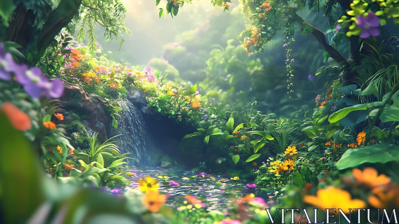 High-saturation 3D rainforest glade with volumetric waterfall lighting
