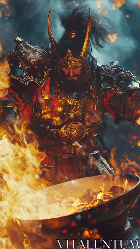 Inferno crowned warlord bends flame to unspoken vows.
