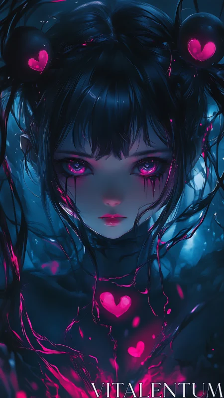Digital portrait depicts glowing heart motifs and central figure