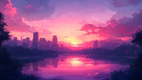 Urban skyline with reflective lake under pink sunset sky.