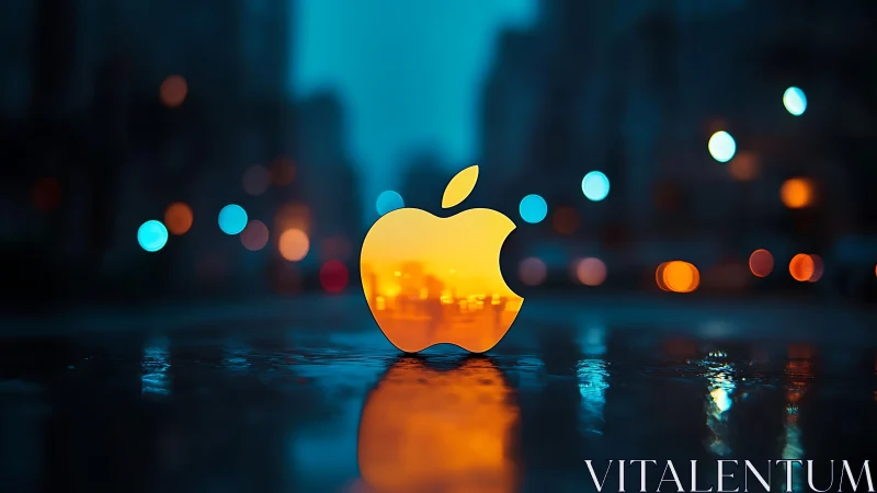 Apple Logo Rendered with Luminous Fire and Reflective Urban Lighting