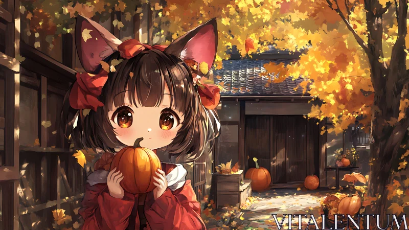 Cozy fox-eared girl cradles a pumpkin on a golden fall day
