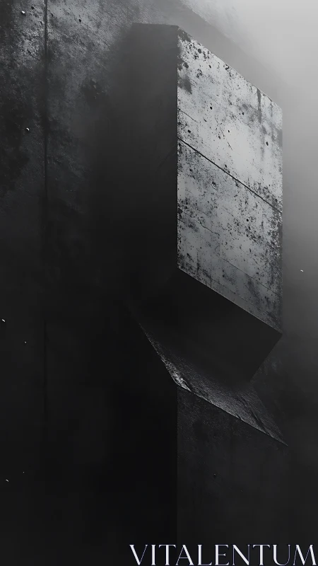 Monolithic concrete block emerges from shadow and mist.