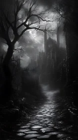 Moonlit cobblestone path to a whispering gothic citadel.