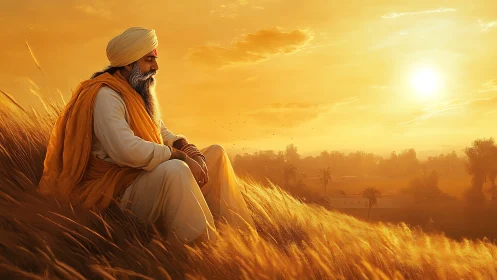 Meditative elder in golden wheat field at radiant sunset.