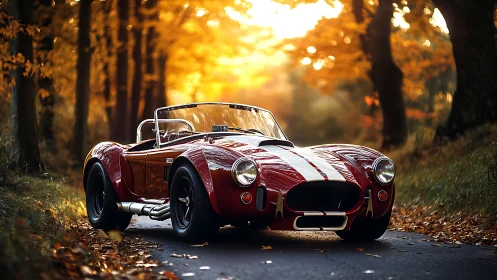 Sunlit classic red roadster rests on a peaceful autumn lane