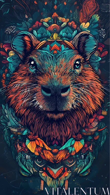 Colorful capybara portrait with intricate floral patterns.
