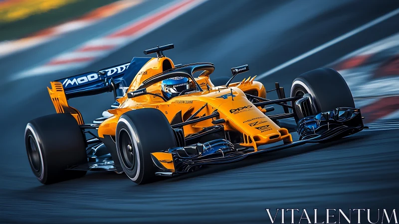 Aerodynamic orange Formula car cornering with dynamic motion blur