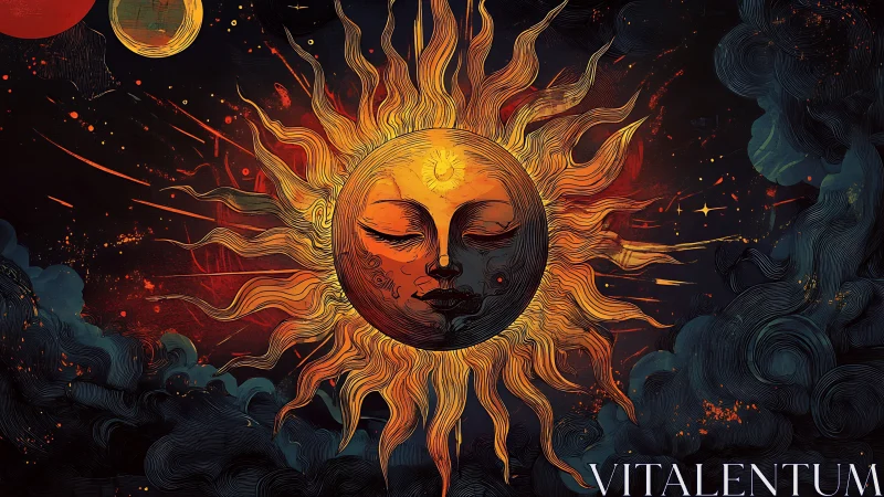 Solar deity portrait radiates fire through cosmic storm