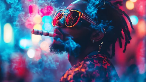 Neon-lit portrait isolates a smoking figure in chromatic haze