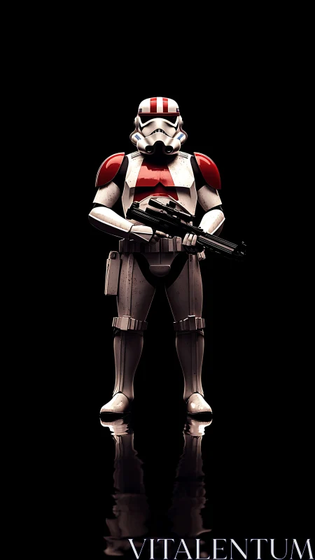 Armored sci fi soldier with blaster on reflective surface.