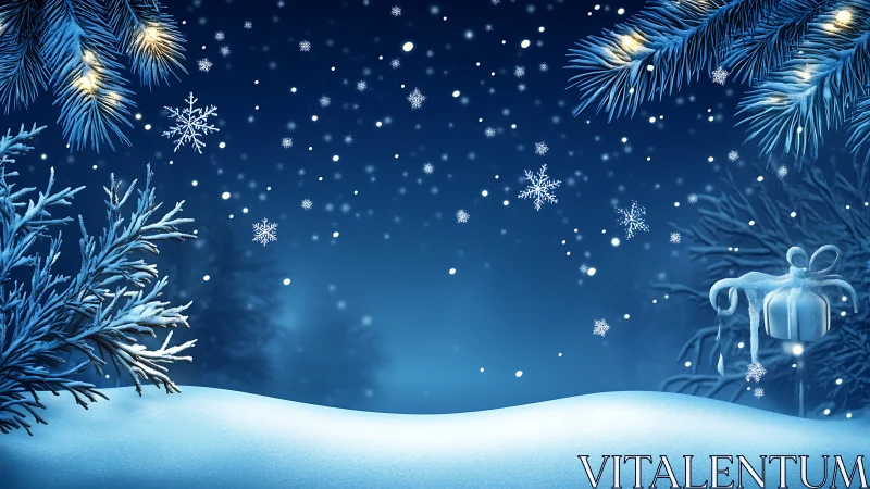 Snow covered fir branches with gift box in night scene.