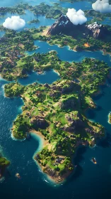 Alpine Archipelago with Volcanic Peak and Turquoise Lacustrine Networks