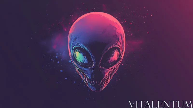 Neon-rendered alien skull floats in a cosmic gradient void