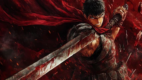 Battle-hardened swordsman cleaves through a scarlet storm.