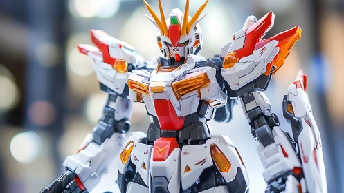 Radiant red and white mecha model stands proudly in focus