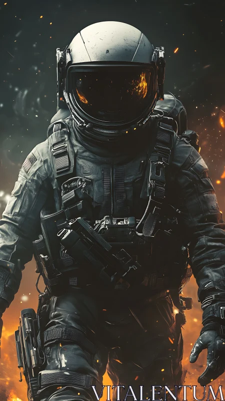 Armored astronaut soldier walking through burning sparks.