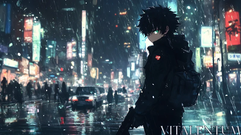 Lone anime vigilante walks through neon city rain at night.