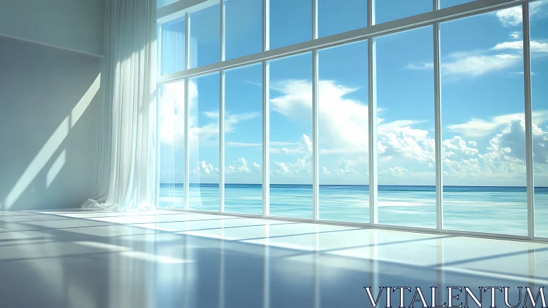 Minimalist seafront interior with panoramic glazing design.