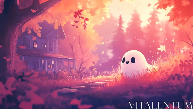 Cozy autumn ghost resting by a glowing forest home.