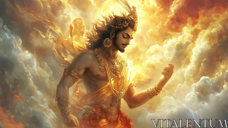 Radiant celestial warrior strides through glowing golden clouds